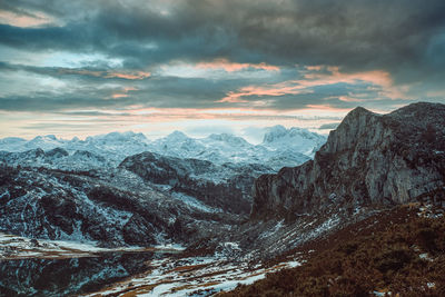 Scenic view of snowcapped mountains against sky during sunset