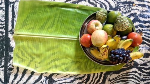 High angle view of fruits in bowl on table