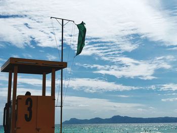 Side view of lifeguard cabin by sea against sky