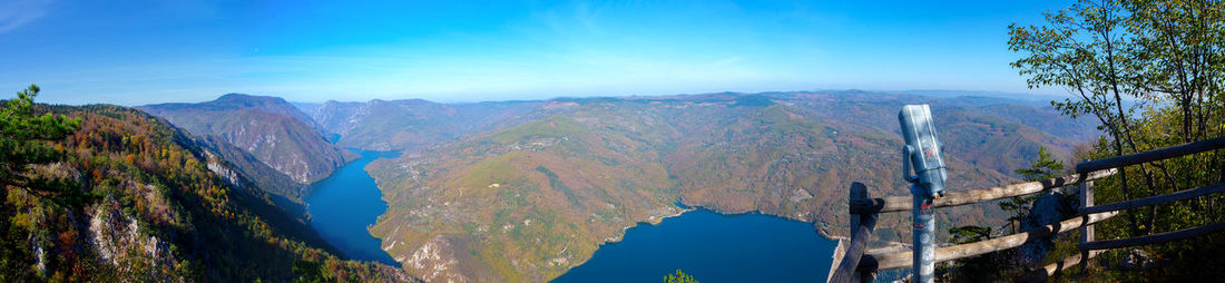 Panoramic view of mountains against clear blue sky