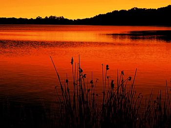 Scenic view of lake against orange sky