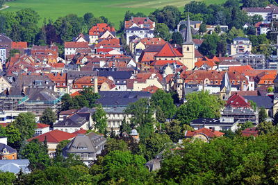 High angle view of buildings in town