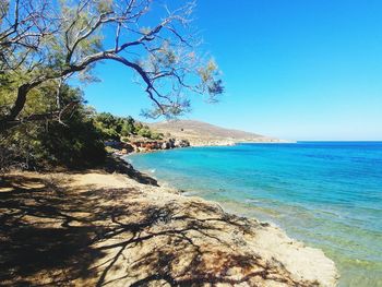 Scenic view of sea against clear blue sky