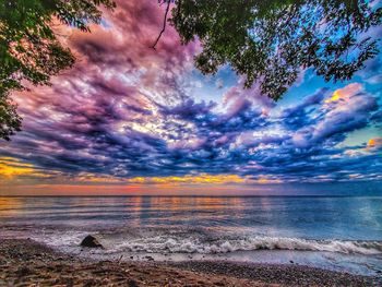 Scenic view of sea against dramatic sky