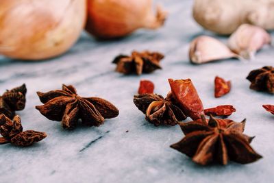 Close-up of herbs and spices on table