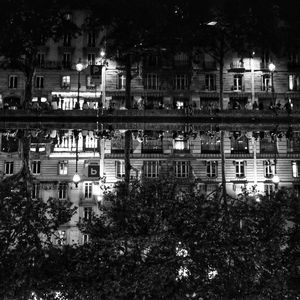 High angle view of buildings at night