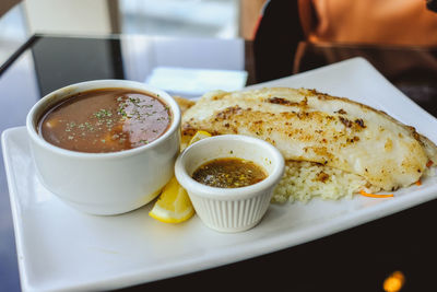 High angle view of meal served on table