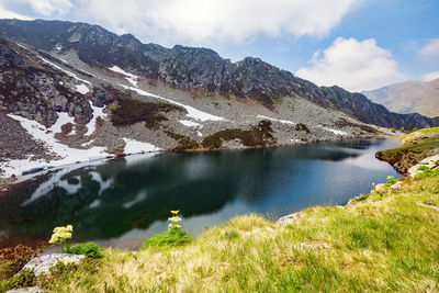 Scenic view of lake and mountains against sky