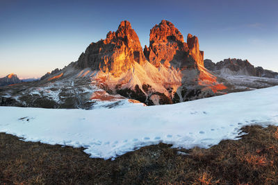 Scenic view of snowcapped mountain against sky during sunset