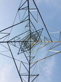 Low angle view of electricity pylon against blue sky