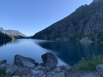 Scenic view of lake and mountains against clear sky