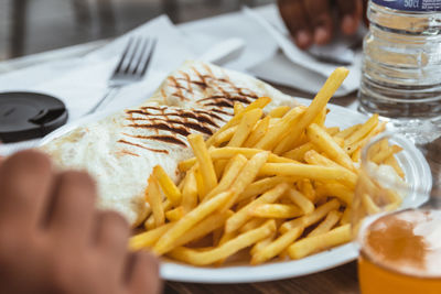 Close-up of food served on table