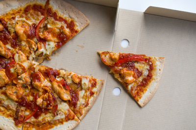 High angle view of pizza on table