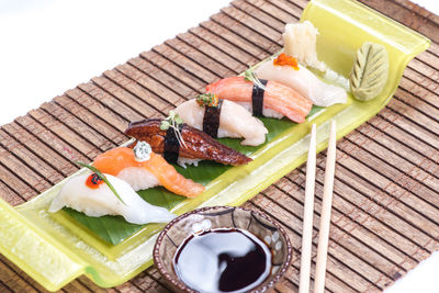 High angle view of sushi in plate