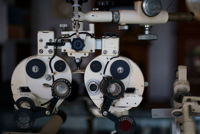 Close-up of eye test equipment in hospital
