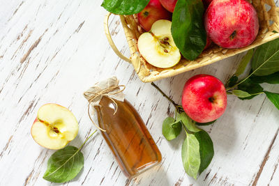 High angle view of apples and fruits on table