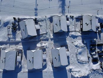 High angle view of snow covered field