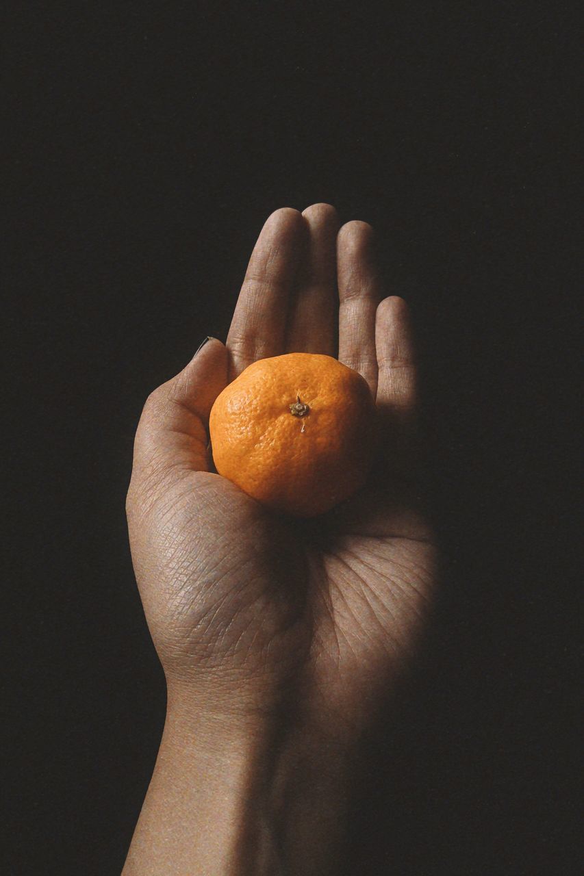 human hand, hand, human body part, healthy eating, food and drink, food, one person, holding, fruit, wellbeing, citrus fruit, indoors, studio shot, orange color, freshness, close-up, unrecognizable person, black background, orange, body part, finger, ripe, human limb