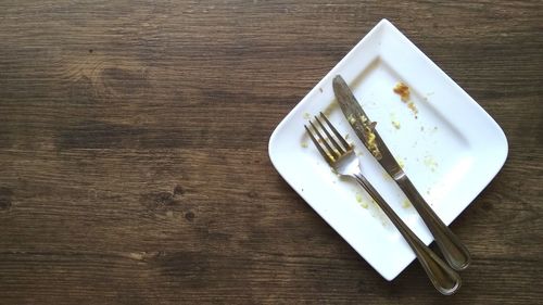 High angle view of cake in plate on table