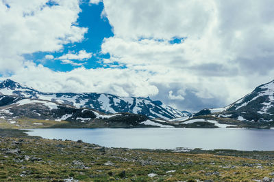 Scenic view of lake against cloudy sky