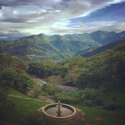 Fountain with mountain in background