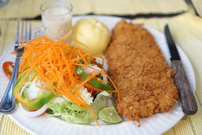 High angle view of meal served on table