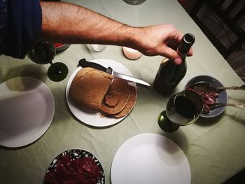 High angle view of breakfast on table