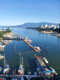 High angle view of boats moored in harbor