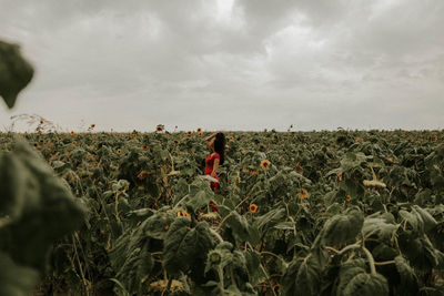 Young woman standing amidst sunflowers on field against sky