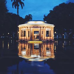 Reflection of building in water at night