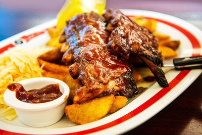 Close-up of food served on table