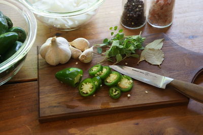 High angle view of chopped vegetables on cutting board