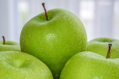 Close-up of fresh green apples in water