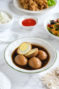 High angle view of food in plate on table