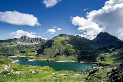 Scenic view of lake and mountains against sky