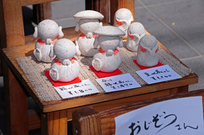 Close-up of statues at market stall