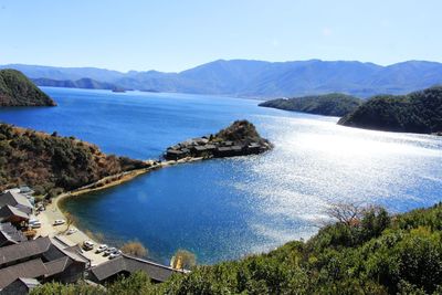 High angle view of bay against sky