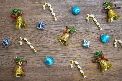 High angle view of multi colored candies on wooden table