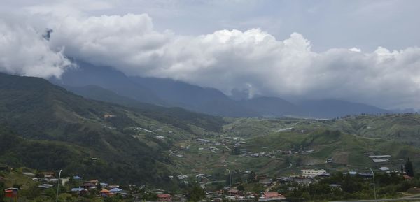 Scenic view of mountains against cloudy sky