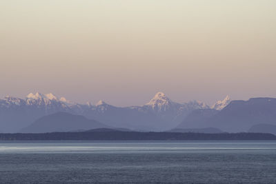 Scenic view of sea by mountains against clear sky during sunset