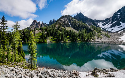 Scenic view of lake against cloudy sky