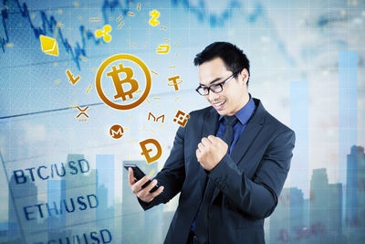 Digital composite image of man and woman standing against wall