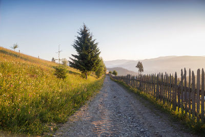 Road amidst field against clear sky