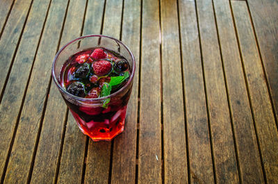 High angle view of fruit in glass on table