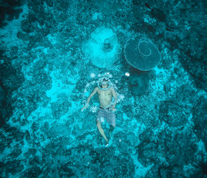 High angle view of woman swimming in sea