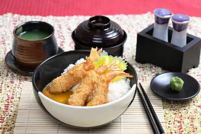 High angle view of food in plate on table