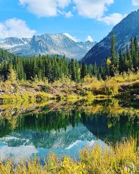 Scenic view of lake by trees against sky