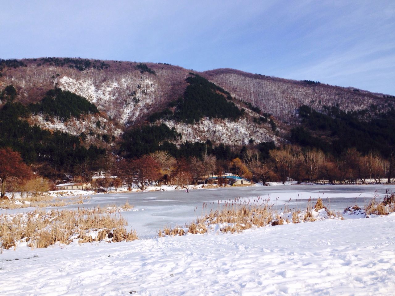 snow, winter, mountain, cold temperature, tranquil scene, tranquility, scenics, beauty in nature, water, nature, landscape, tree, sky, mountain range, non-urban scene, season, rock - object, day, clear sky, idyllic