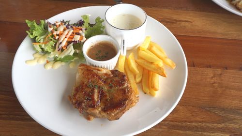 High angle view of food in plate on table