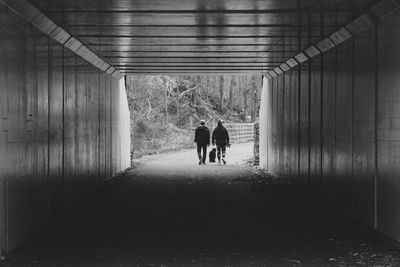 Rear view of people walking on road